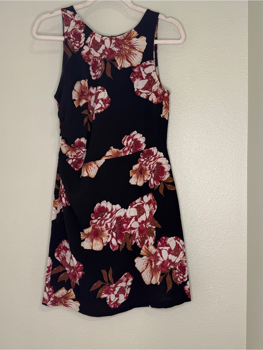 Black Floral Sleeveless A-Line Dress with Burgundy and Cream Blooms